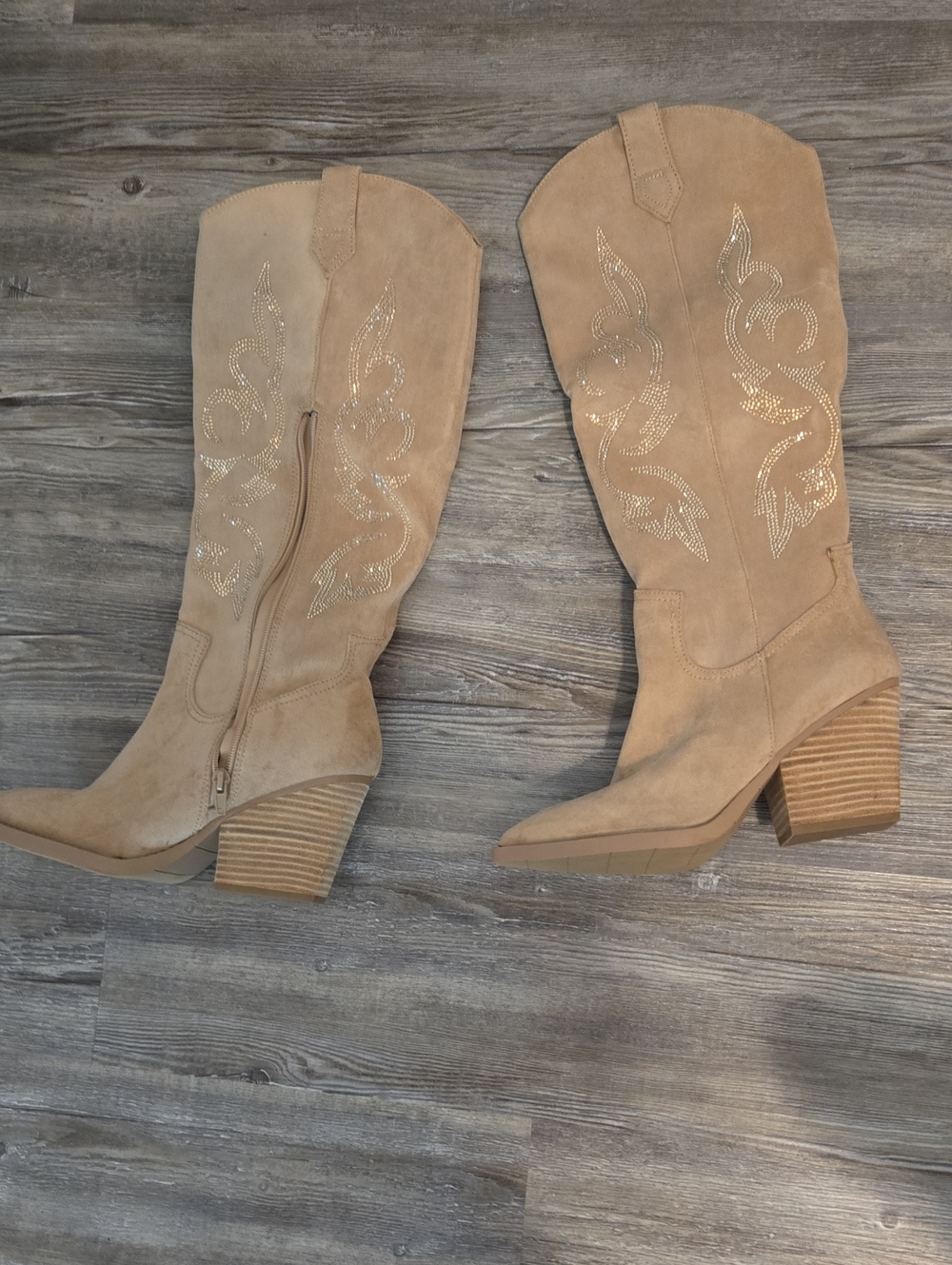 Madden Girl Tan Suede Western Block Heel Boots with Embroidery